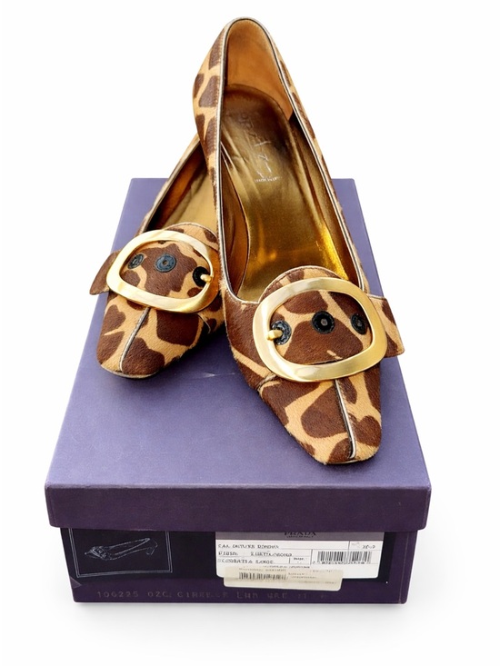 Prada Shoes - PRADA Calf Hair Giraffe Print Square Toe Kitten Heels Gold Buckle Sz 36.5 US 6.5